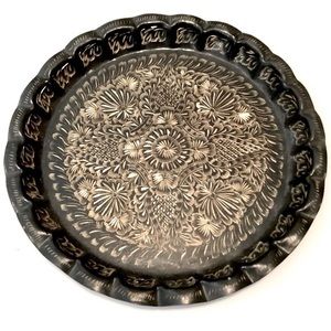 Turkish Ottoman Round Metal Serving Tray For Coffee Tea Black And Gold VTG EUC